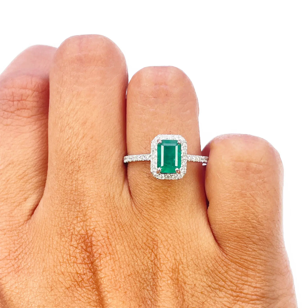 14ct White Gold 4-Claw Natural Emerald & Round Diamond Ring 1.15ct Diamond Ring