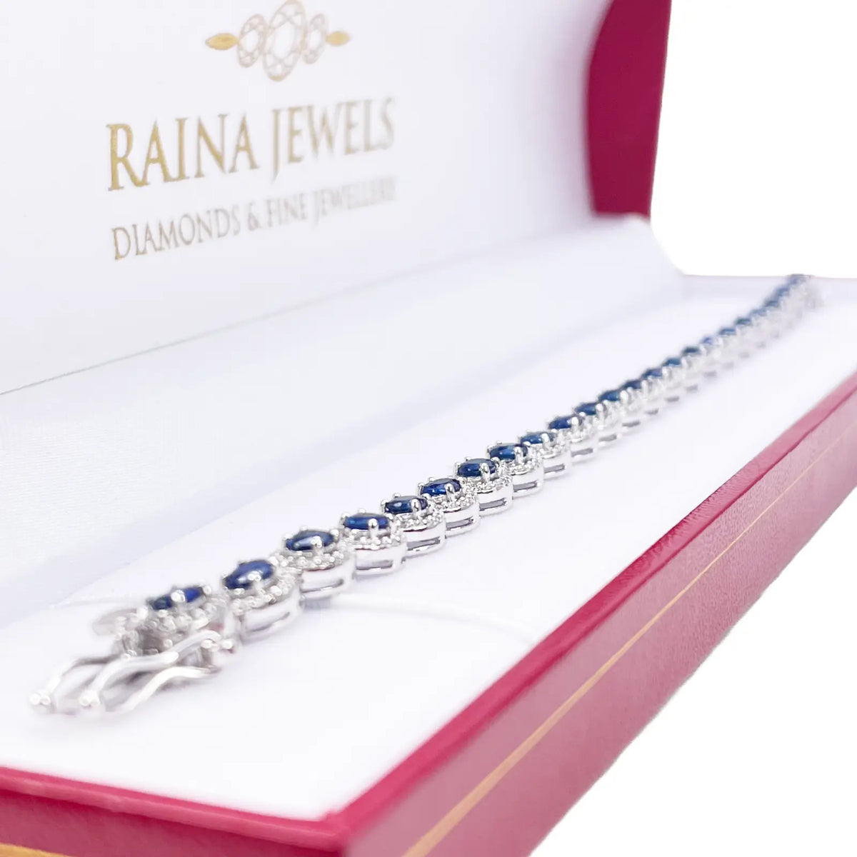 14ct White Gold Diamond & Blue Sapphire Cluster Tennis Bracelet 6.40ct 7 Inches Diamond Bracelets