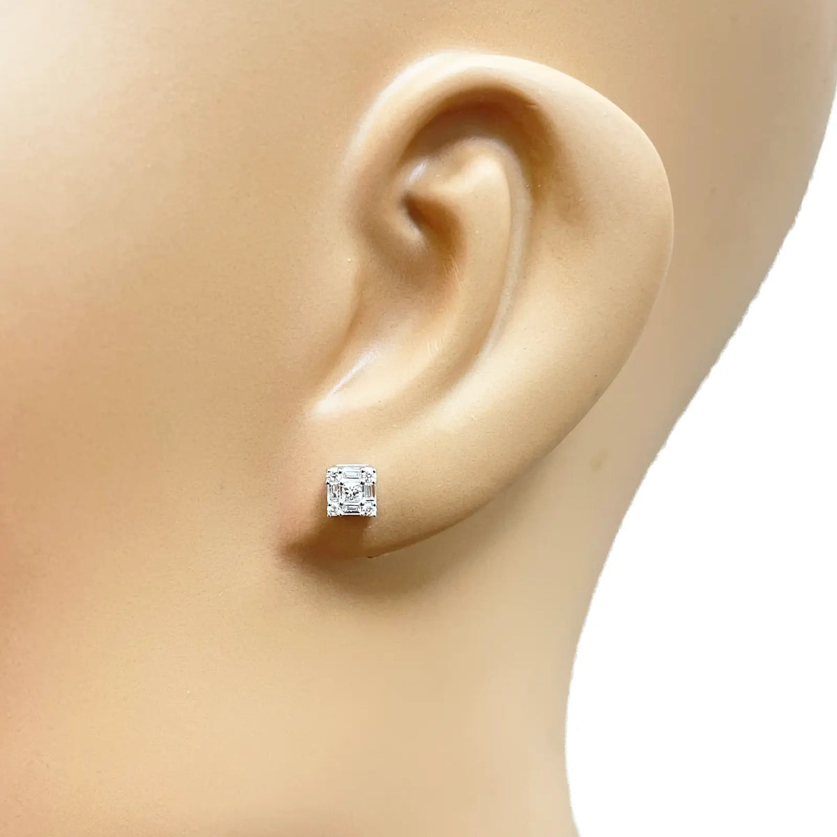 14ct White Gold Round & Baguette & Square Shaped Diamond Studs Earrings 0.20ct