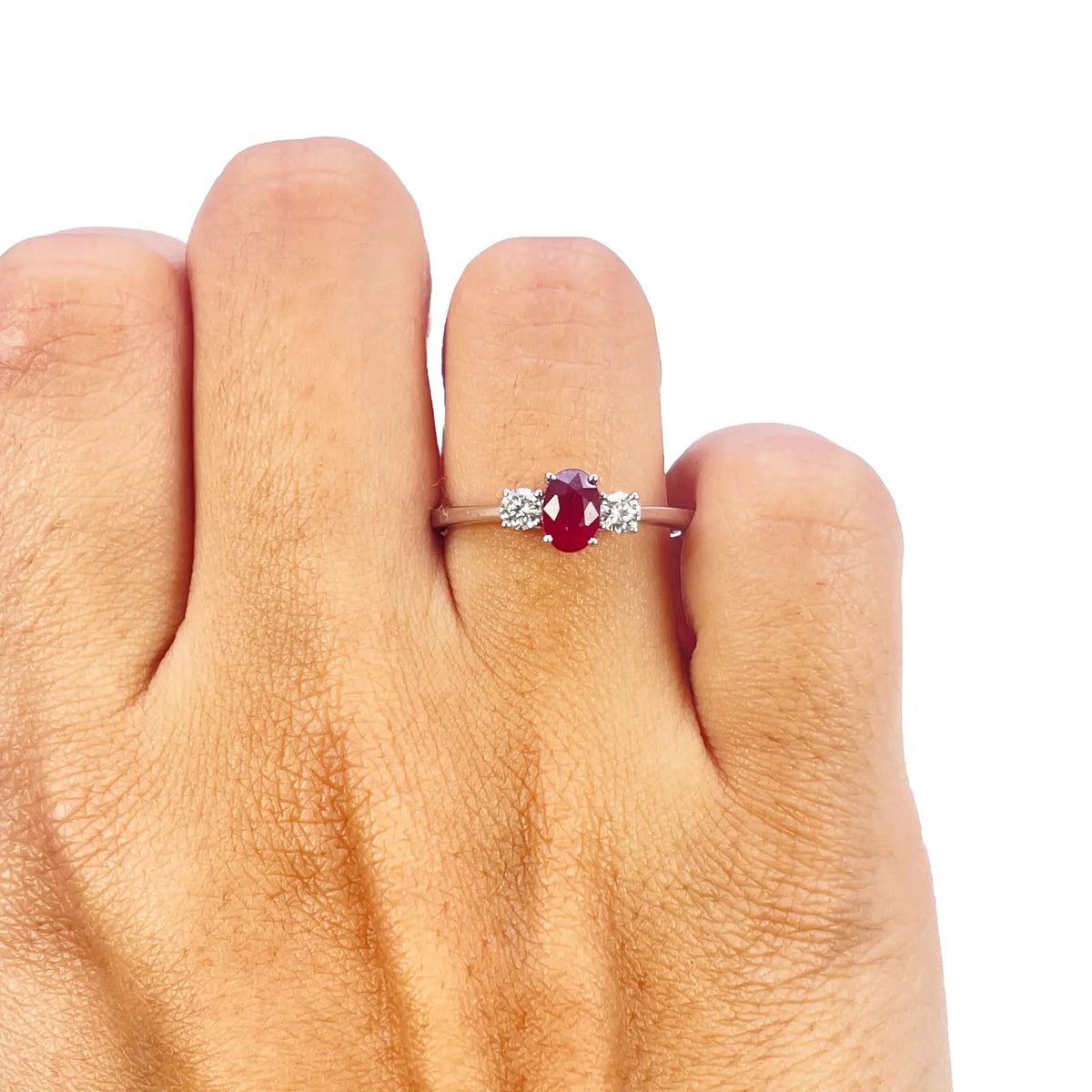 18ct Gold Ruby Diamond Ring Natural Round & Oval Cut Three-Stone 0.80ct Diamond Ring
