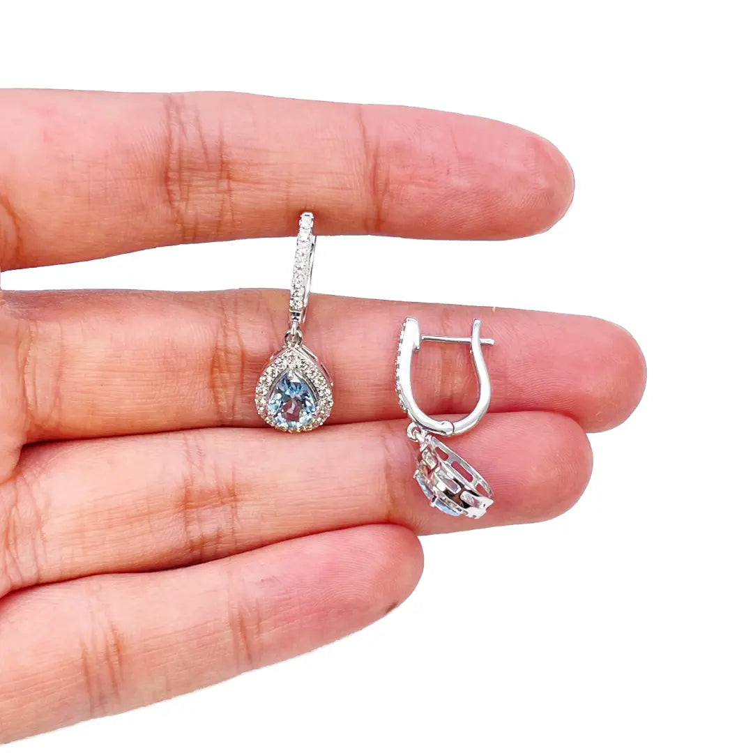 18ct White Gold Diamond & Blue Aquamarine Pear Halo Hoop Earrings 1.58ct Diamond earring