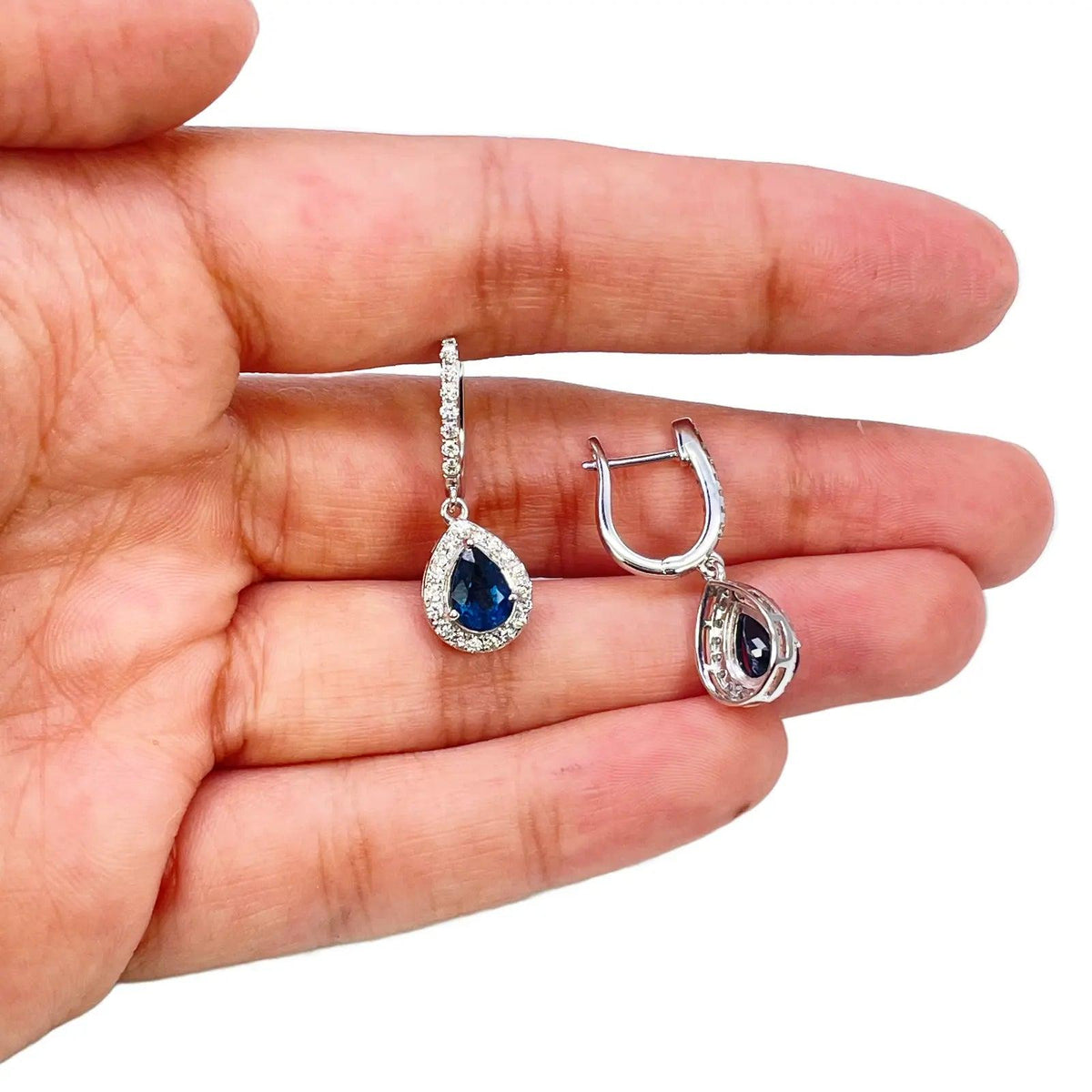 18ct White Gold Diamond & Blue Sapphire Pear Halo Teardrop Hoop Earrings 1.89ct Diamond earring