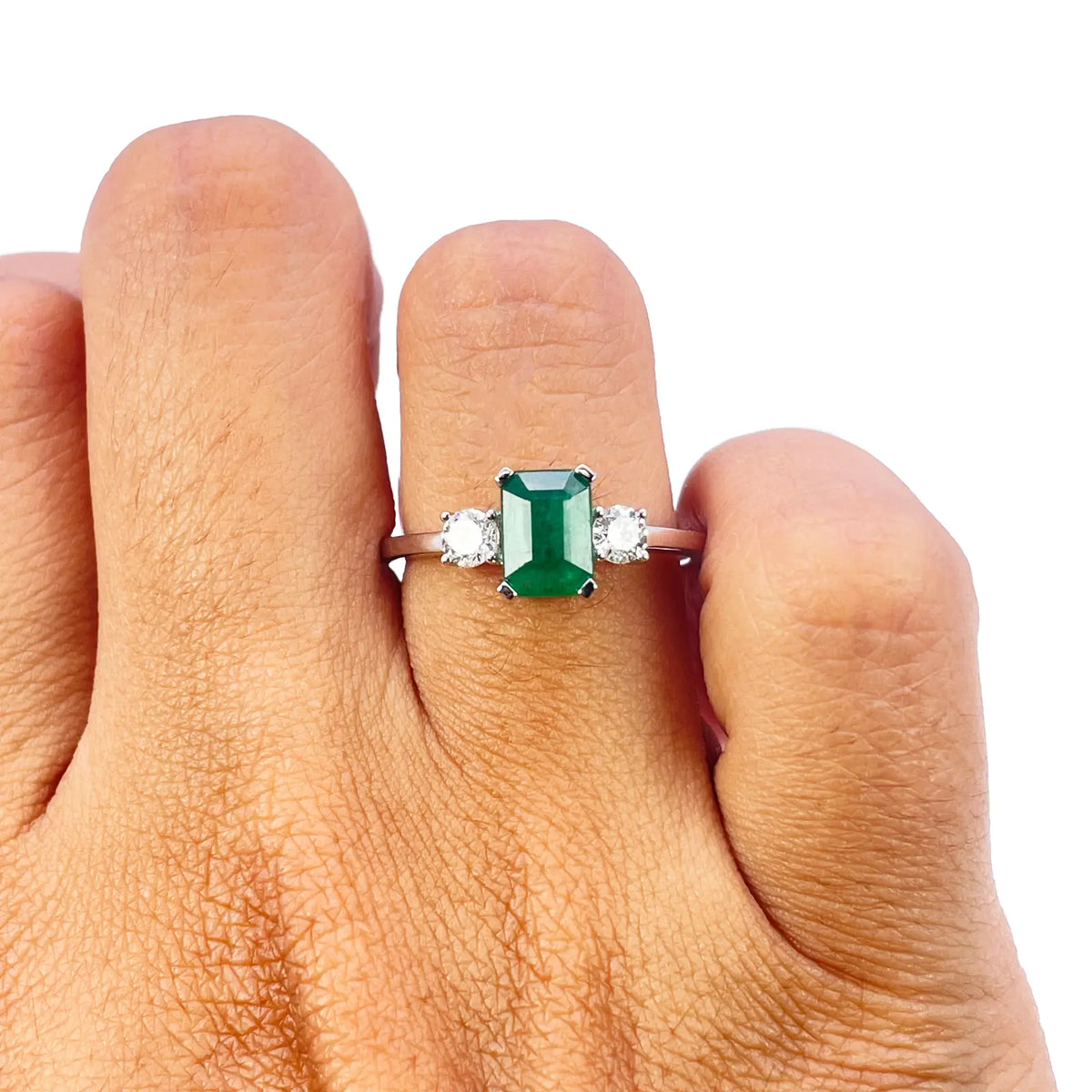 18ct White Gold Natural Emerald Cut Emerald & Round Diamond Trilogy Ring 1.28ct Diamond Ring