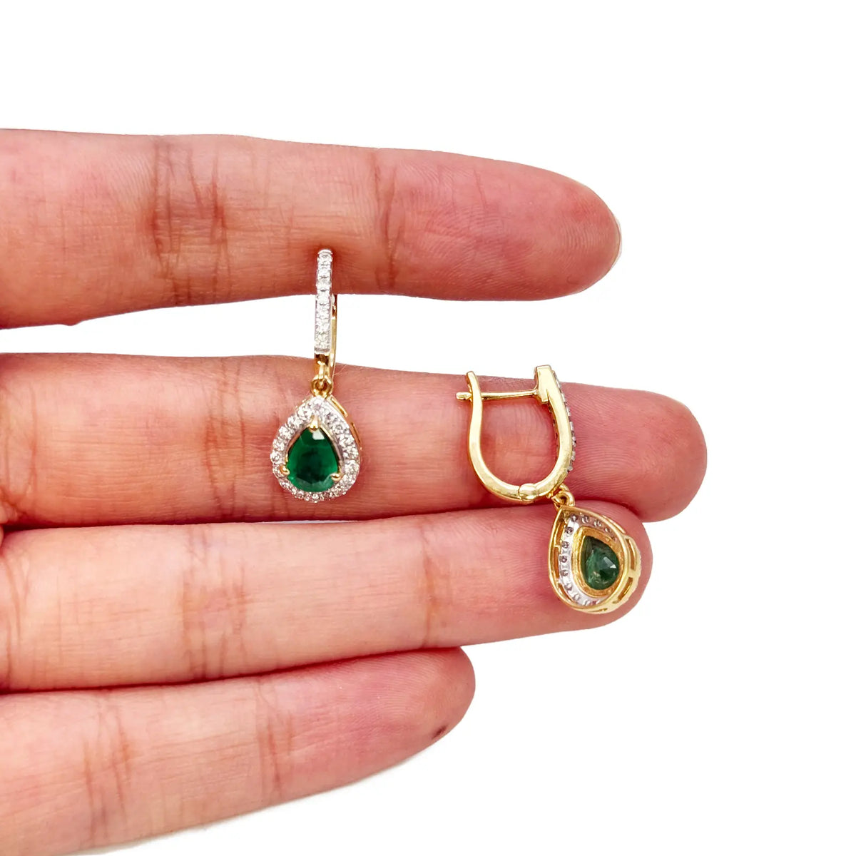 18ct Yellow Gold Natural Diamond & Zambian Emerald Huggie Hoop Earrings 1.48ct Diamond earring