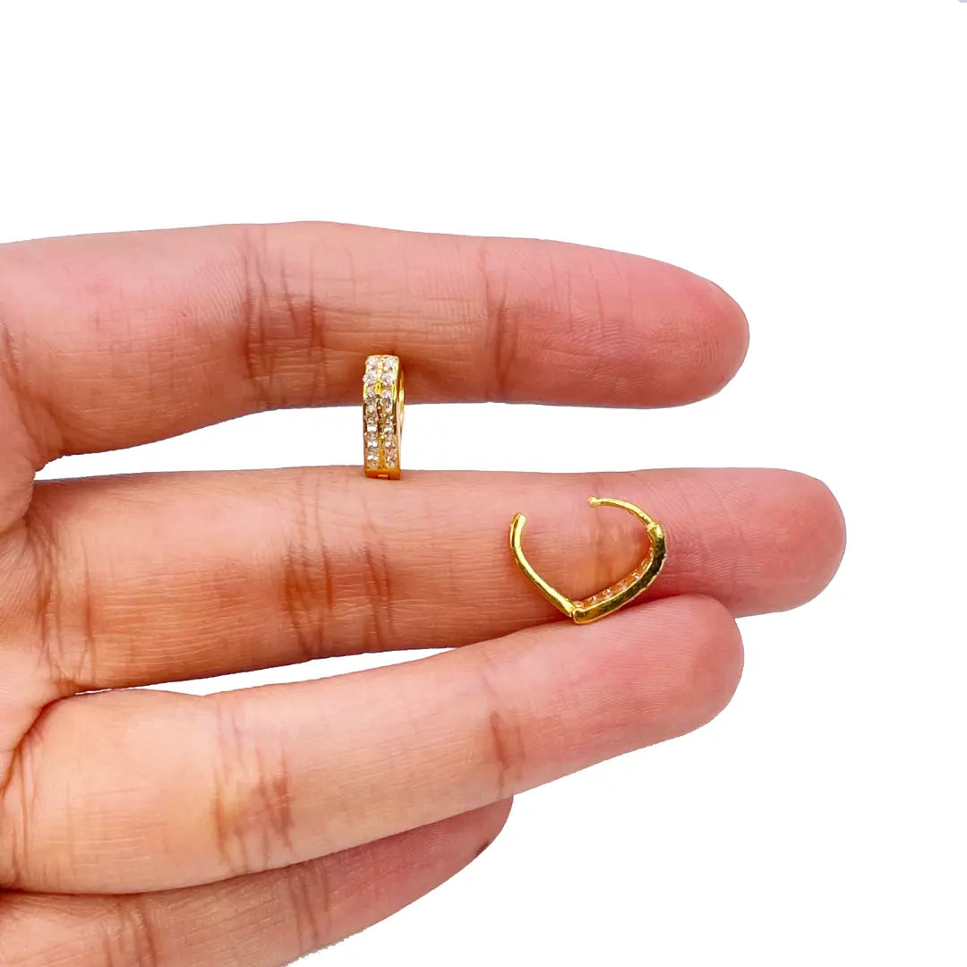 18ct Yellow Gold Pair Of Two Row Cubic Zirconia Hoop Huggie Earrings 6.5mm Diameter