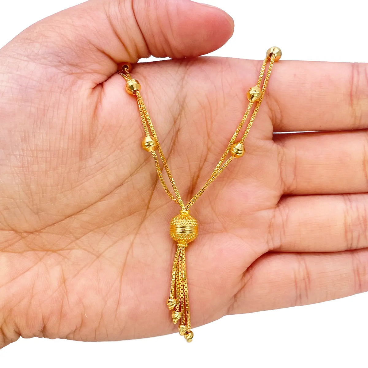 22ct Gold Beaded Tassel Layered Necklace & Earring Sparkly Diamond Cut Beads 