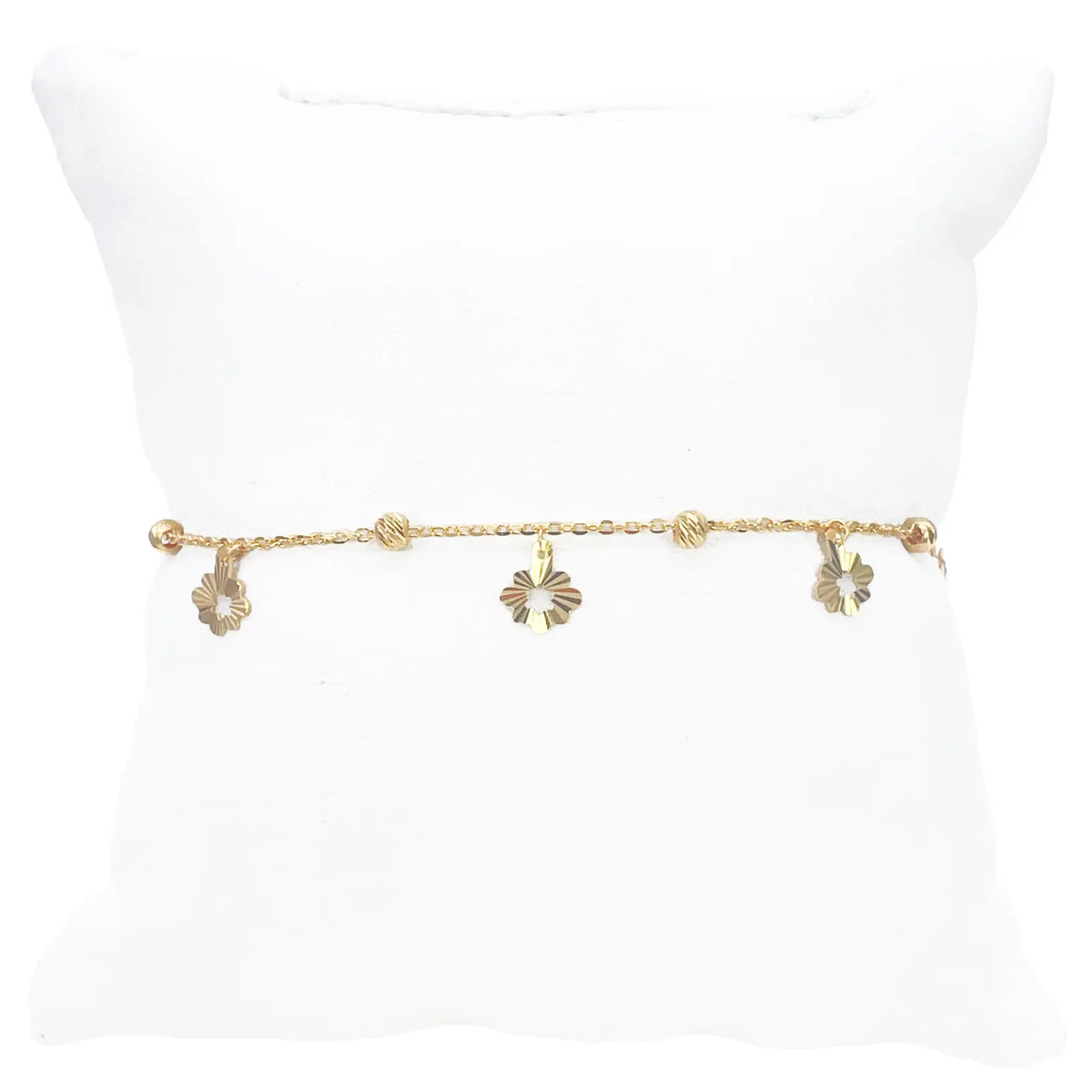 22ct Gold Flower Charm Drop & Diamond Cut Bead Cable Chain Bracelet 7 Inches 