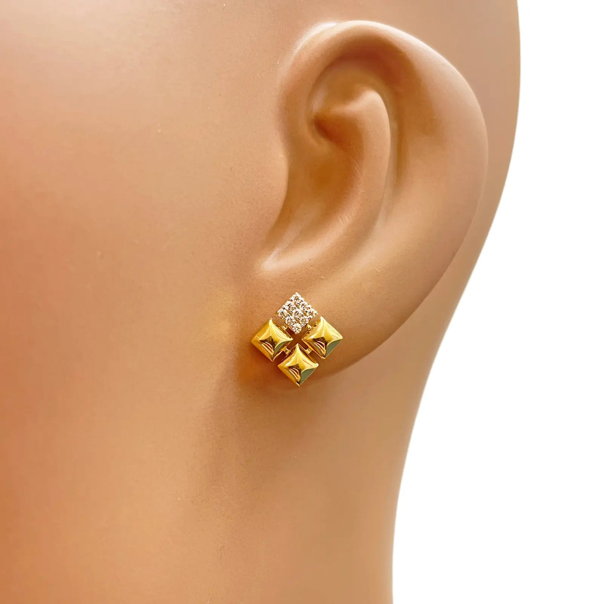 22ct Gold Pyramid Cubic Zirconia Stud Earrings Elegant Geometric Design High Polished 11x11mm Gold earring