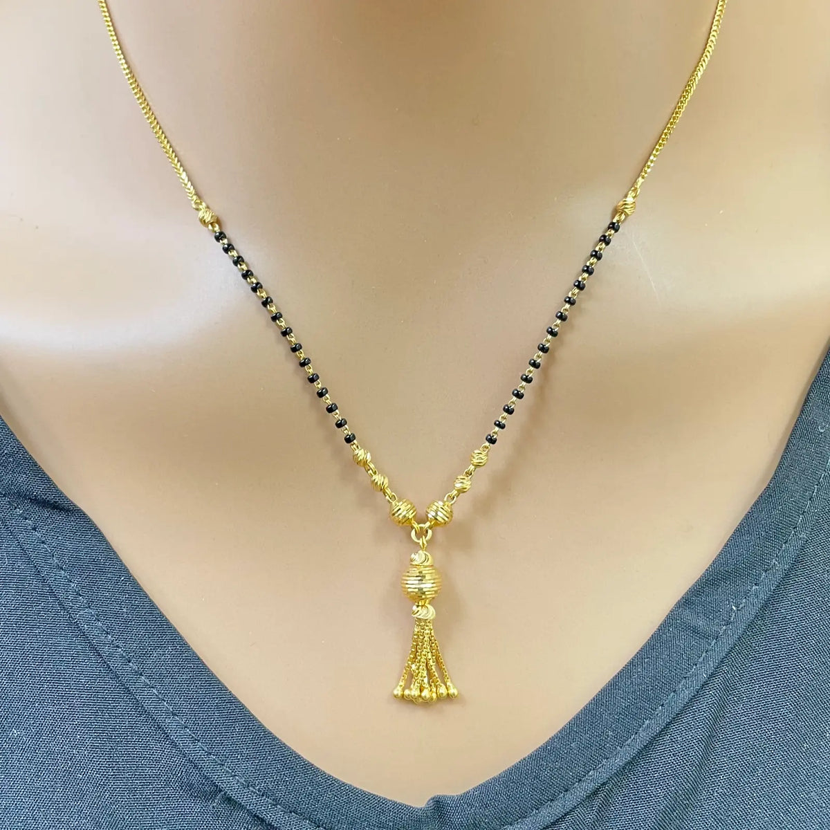 22ct Yellow Gold Diamond-Cut Textured Bead Tassel Drop Black Bead Mangalsutra Necklace Gold Mangalsutra