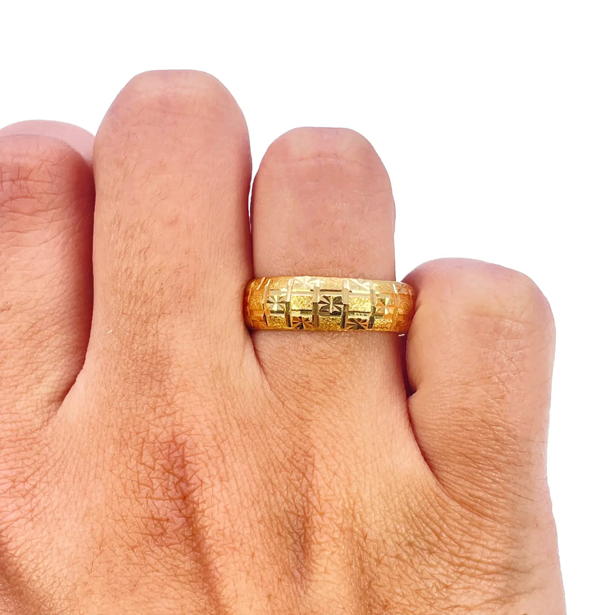 22ct Yellow Gold Diamond-Cut Textured D-Shape Band Ring Gold Band