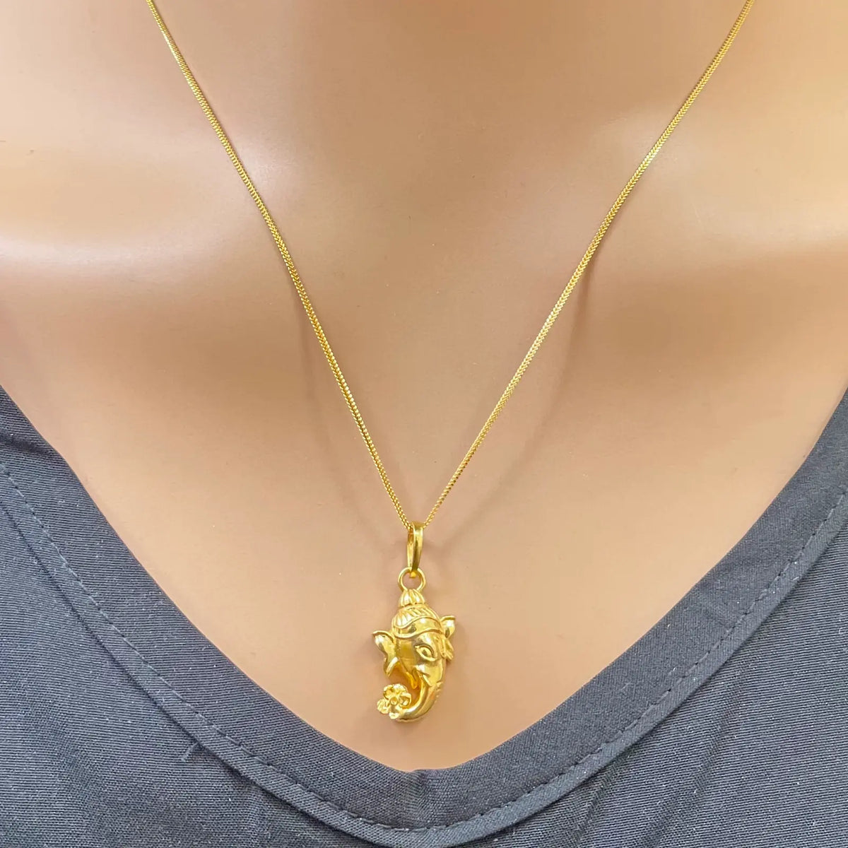 22ct Yellow Gold Ganesha Face Pendant Charm, High Polish Hindu God Head Design Gold Pendant