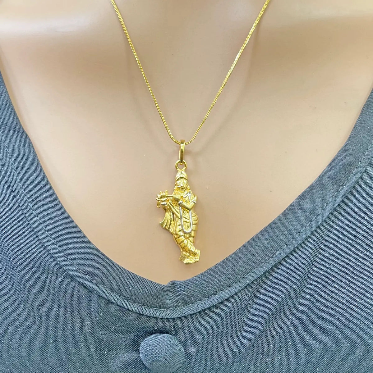 22ct Yellow Gold Lord Krishna Flute Pendant Hindu God Charm in Two Tone Gold Pendant