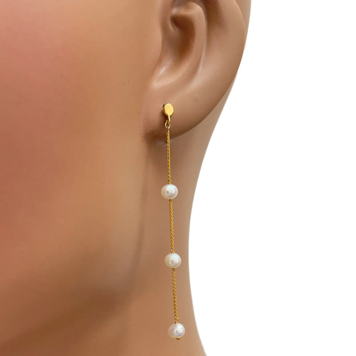 22ct Yellow Gold Natural Freshwater Three White Pearl Drop Earrings 2.5 Inches