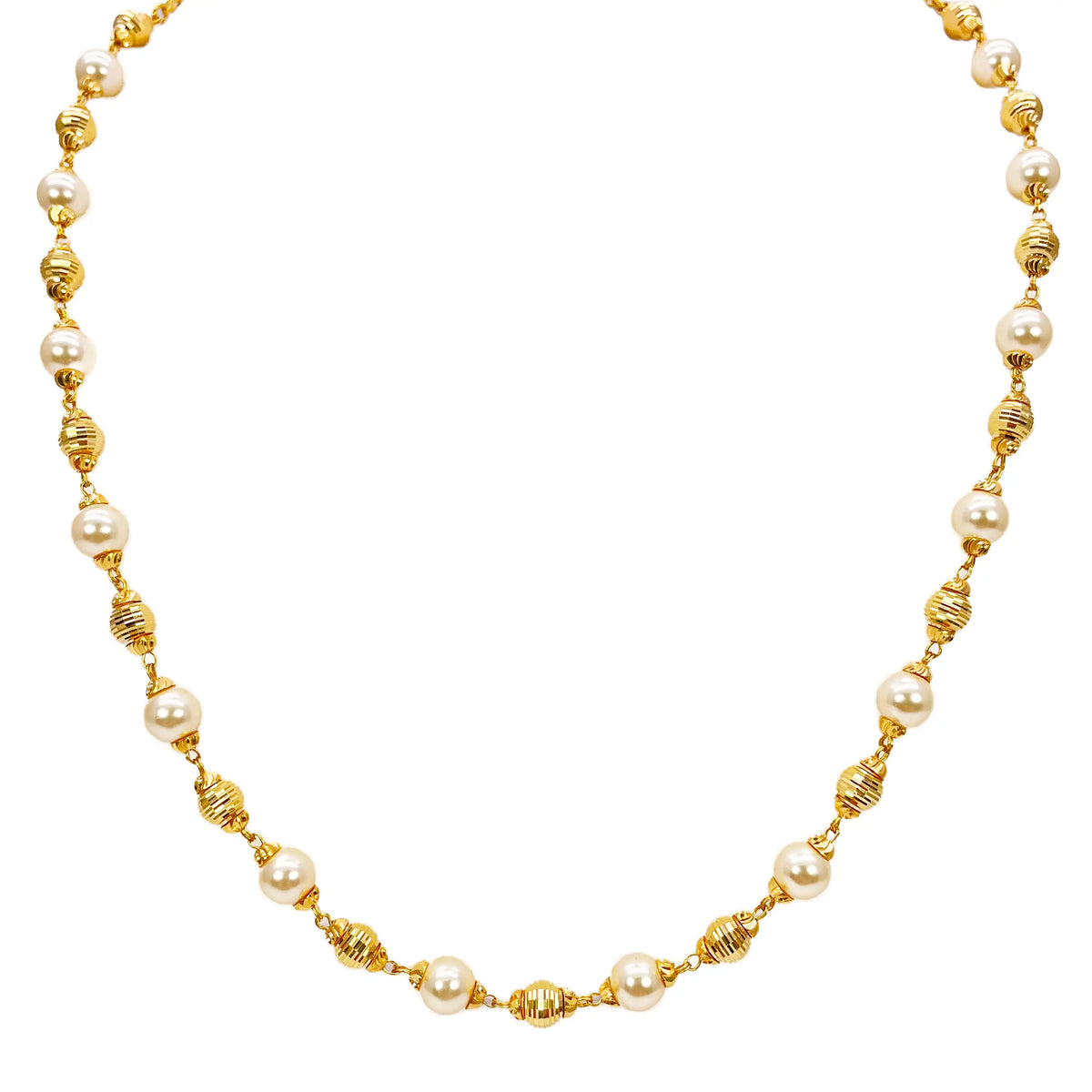 22ct Yellow Gold Pearls & Beaded Diamond Cut Ball Necklace/Earrings Set