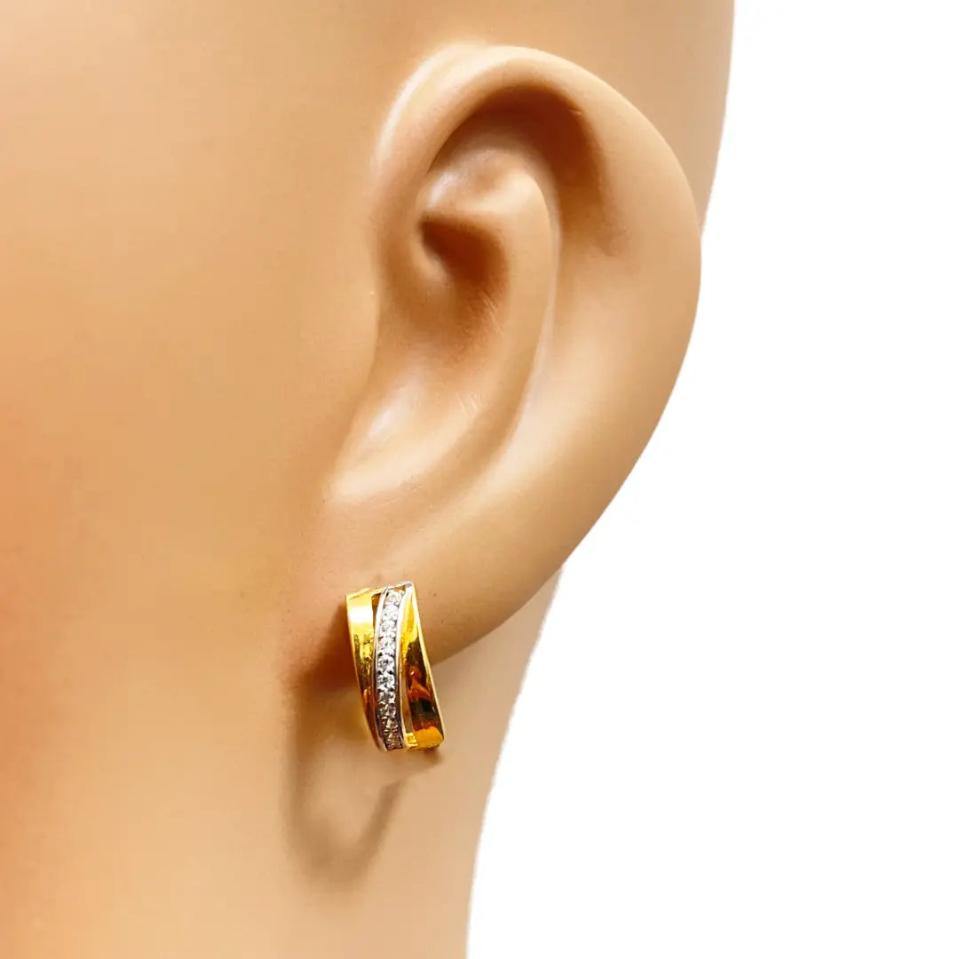 22ct Yellow Gold Striped Cubic Zirconia Hoop Huggie Earrings 10.5mm Diameter
