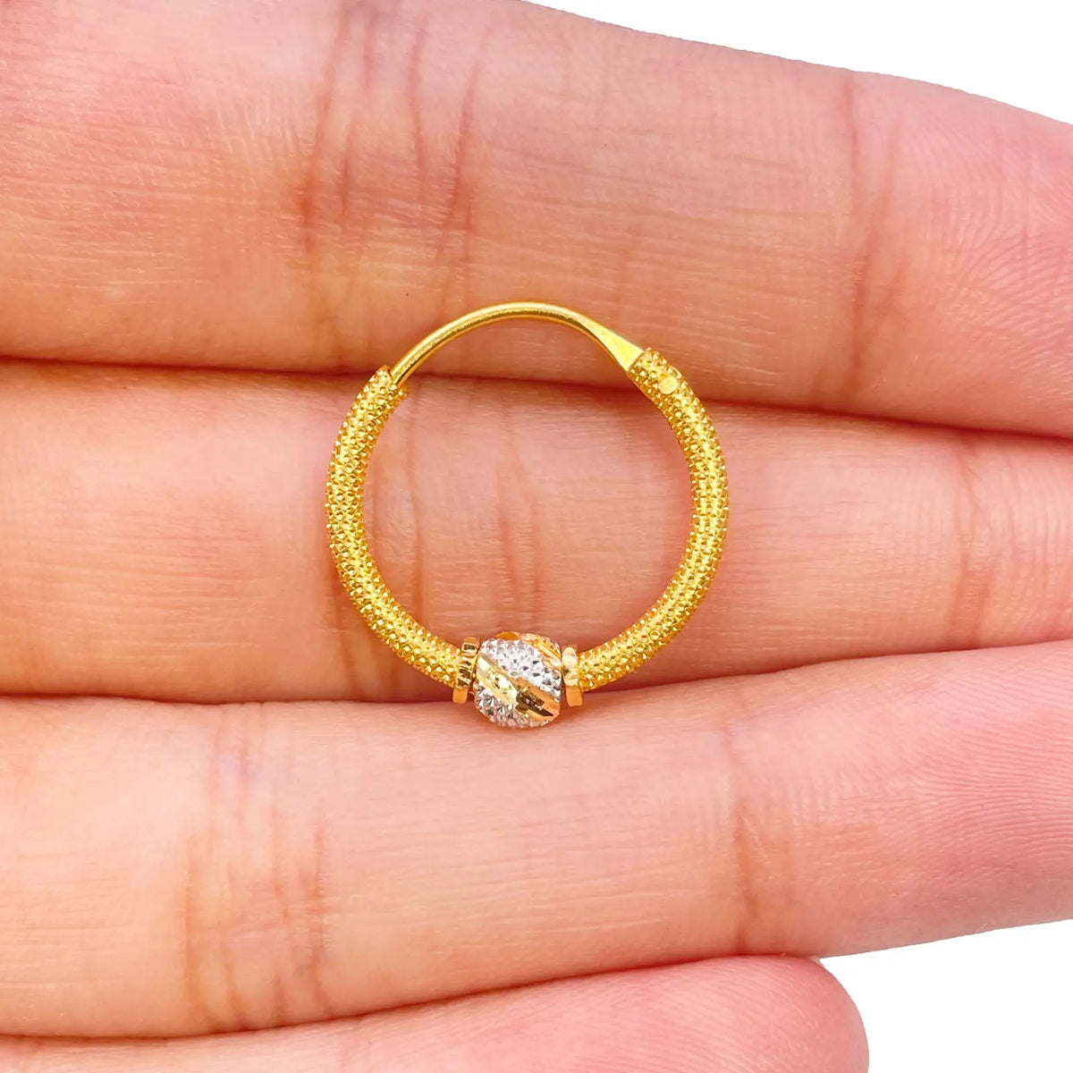 22ct Yellow Gold Textured Two-Tone Beaded Hoop Huggie Earrings 14mm Diameter Gold earring