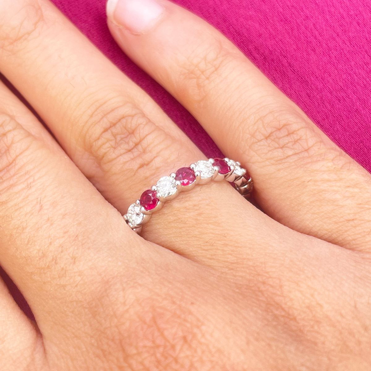 18ct Gold Natural Round Diamond & Ruby Half Eternity Stackable Band 1.05ct