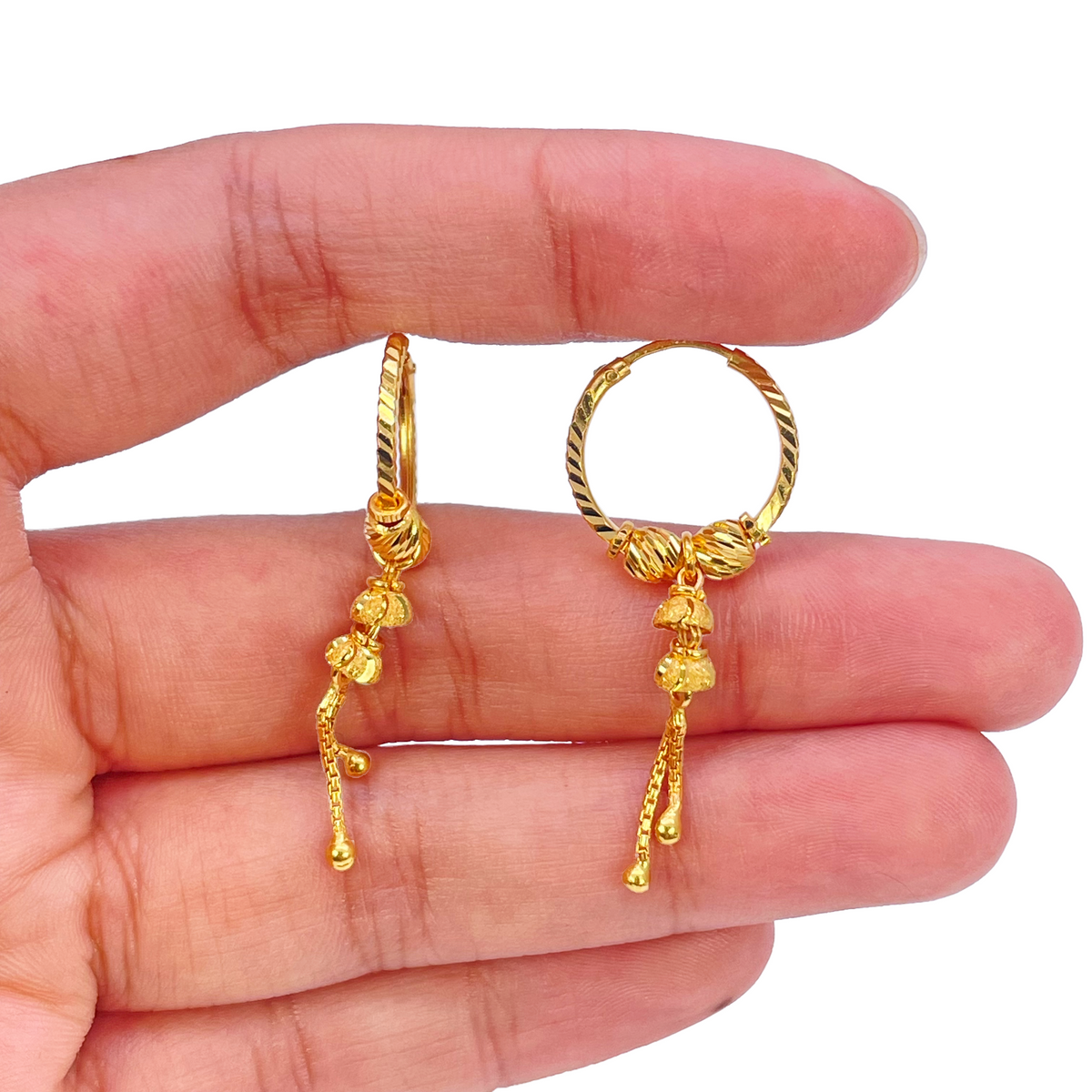 22ct Yellow Gold Diamond-Cut Beaded Drop Huggie Hoop Earrings 14mm