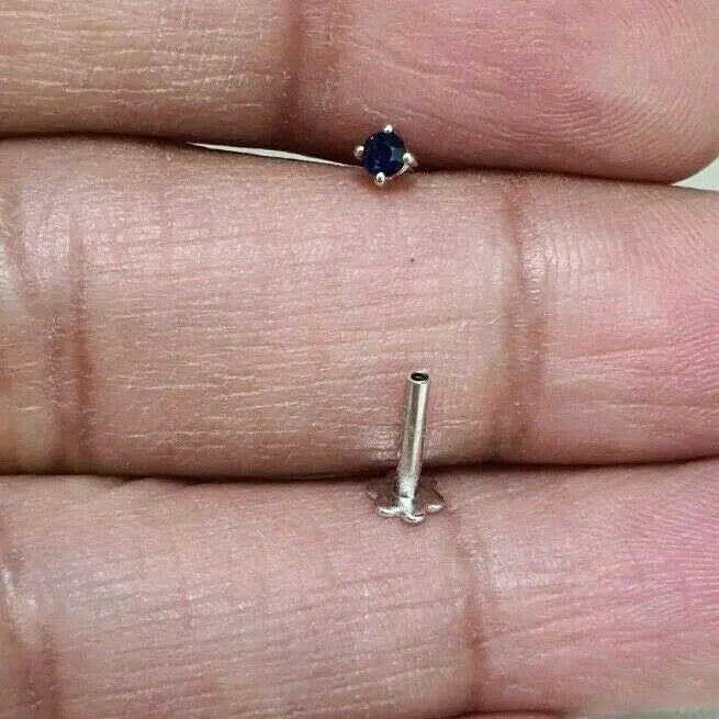 18ct White Gold & Blue Sapphire Nose Stud / Nose Pin 0.05 Carats 4-Claw 2.0 mm