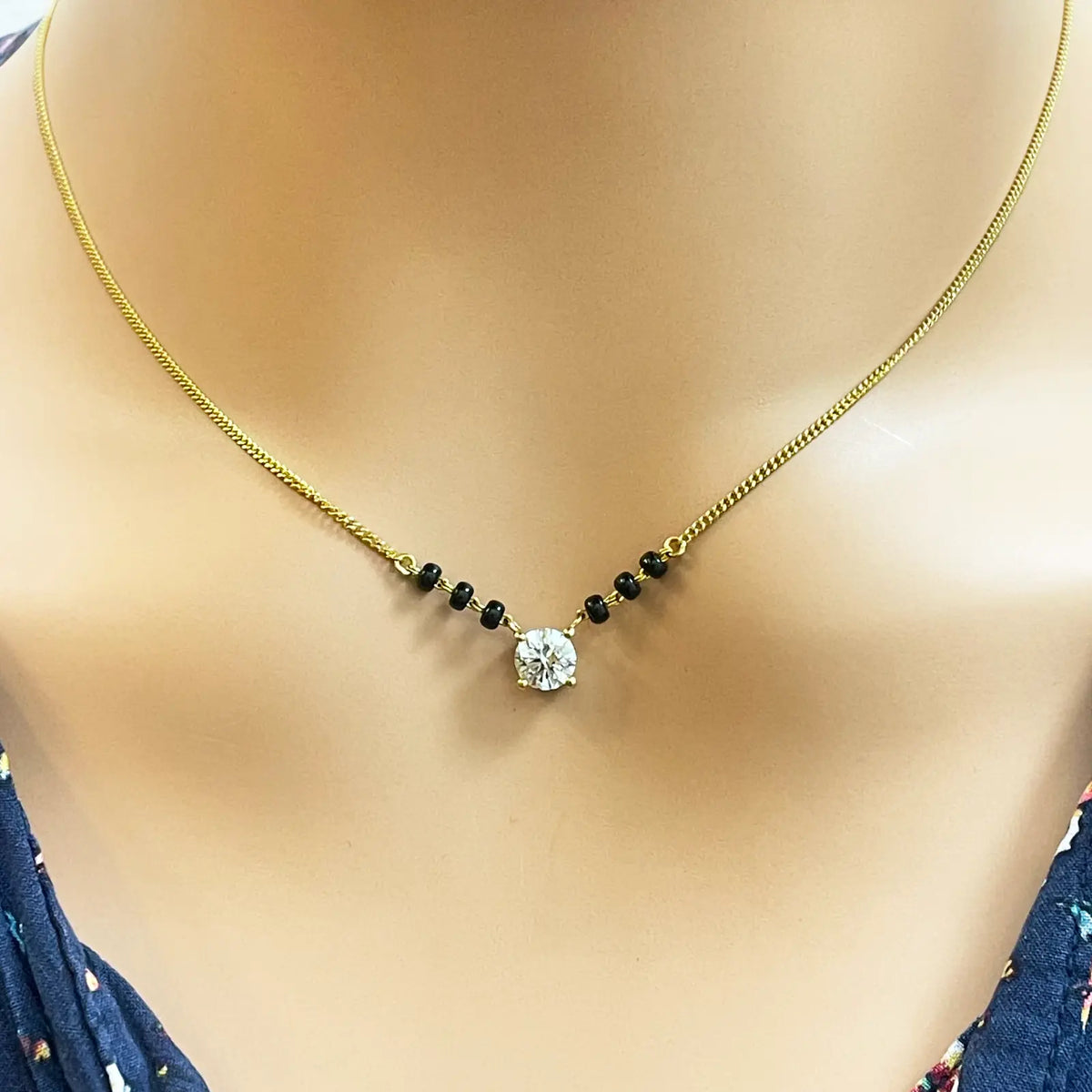 18ct Yellow Gold Lab Grown Diamond 0.50ct Black Beads Mangalsutra Necklace Mangalsutra Chains