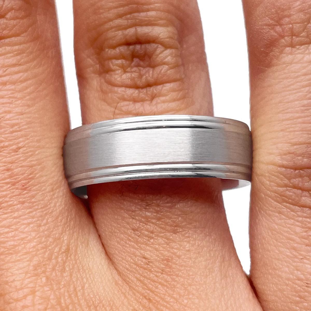 Mens Platinum Wedding Band 7mm Matt Centre & Grooved Edges Heavy Weight Platinum Ring