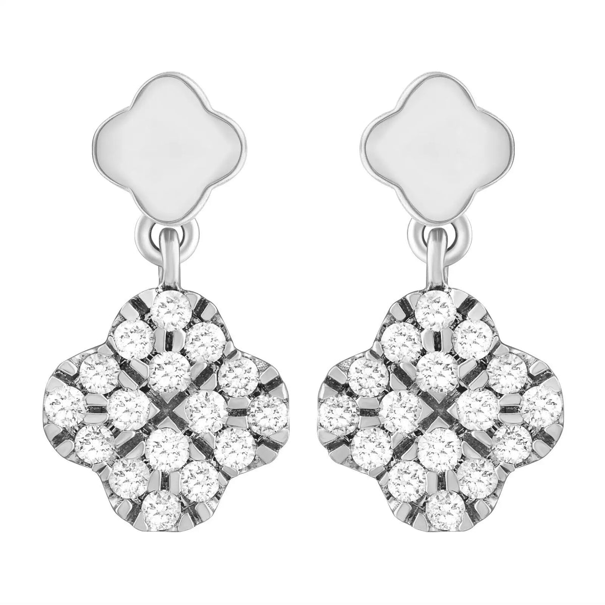 14ct White Gold Diamond Clover Drop Cluster Stud Earrings 0.21ct 