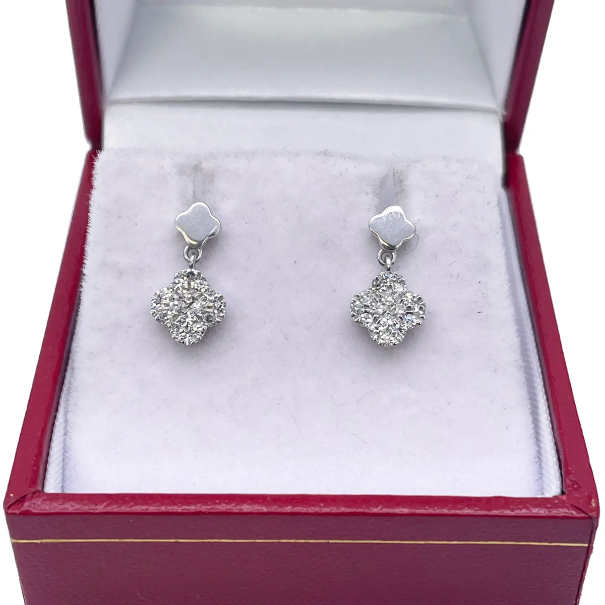 14ct White Gold Diamond Clover Drop Cluster Stud Earrings 0.21ct 