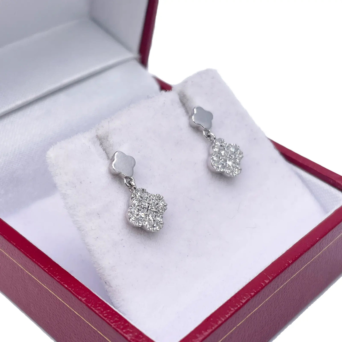 14ct White Gold Diamond Clover Drop Cluster Stud Earrings 0.21ct 