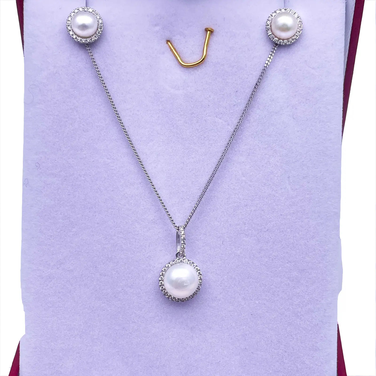 14ct White Gold Diamond Halo Pearl Stud Earrings & Pendant 2.04cts 