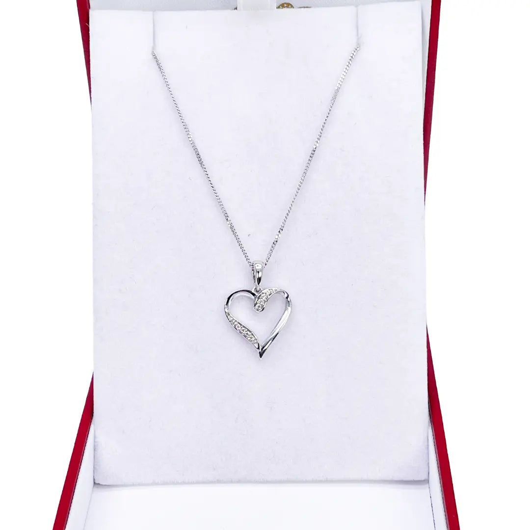 14ct White Gold Diamond Open Heart Pendant 0.03ct & 16 inch Chain Necklace 