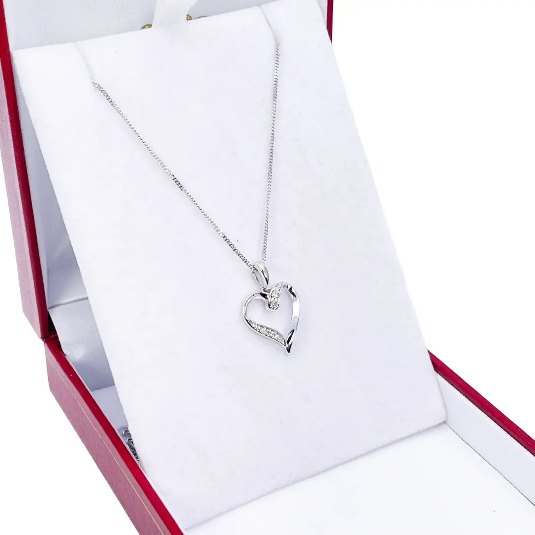 14ct White Gold Diamond Open Heart Pendant 0.03ct & 16 inch Chain Necklace 