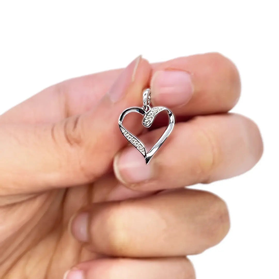 14ct White Gold Diamond Open Heart Pendant 0.03ct & 16 inch Chain Necklace 