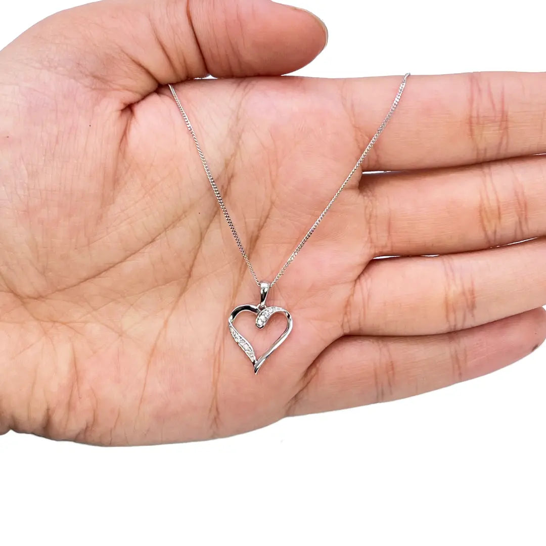 14ct White Gold Diamond Open Heart Pendant 0.03ct & 16 inch Chain Necklace 