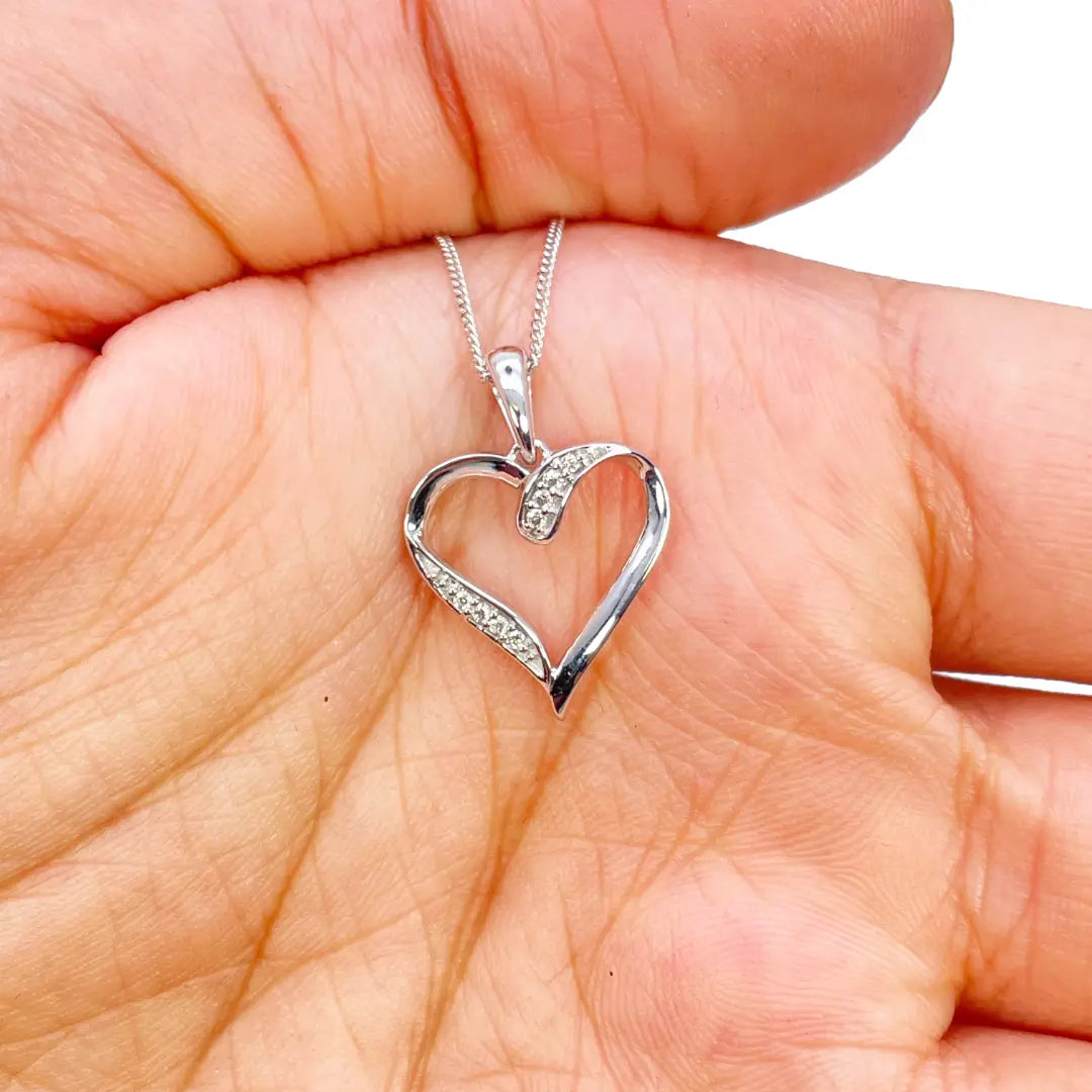 14ct White Gold Diamond Open Heart Pendant 0.03ct & 16 inch Chain Necklace 