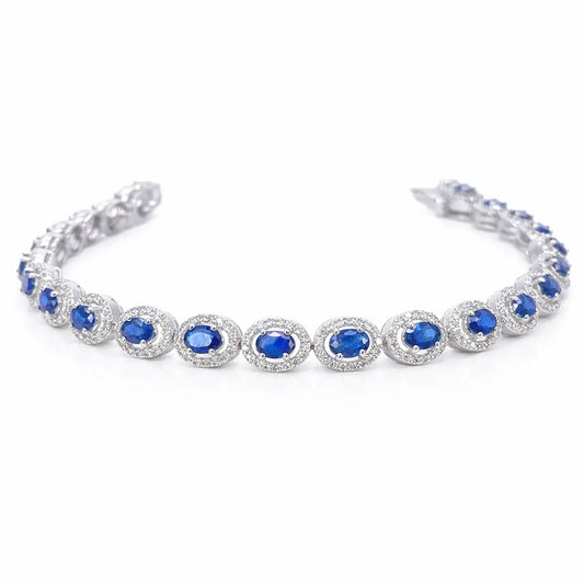 14ct White Gold Diamond & Blue Sapphire Cluster Tennis Bracelet 6.40ct 7 Inches  Diamond Bracelets