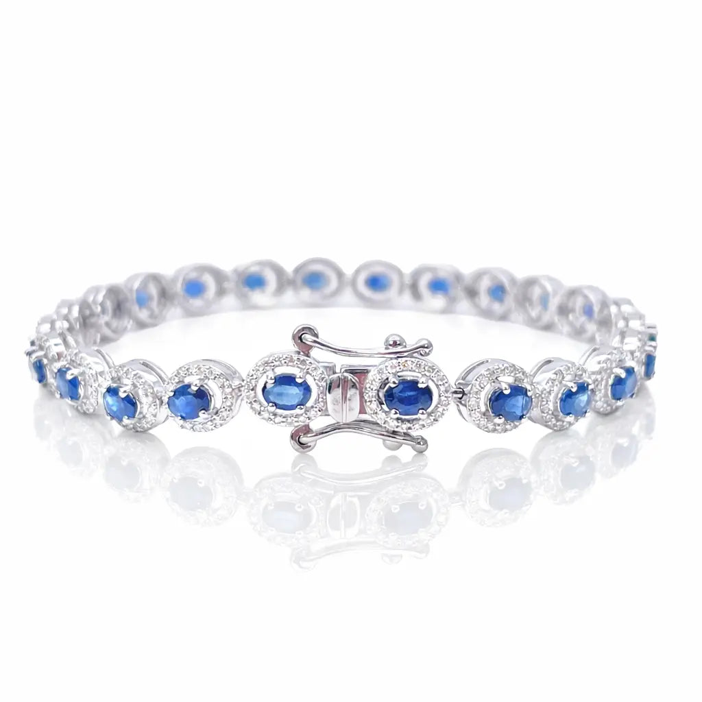 14ct White Gold Diamond & Blue Sapphire Cluster Tennis Bracelet 6.40ct 7 Inches  Diamond Bracelets