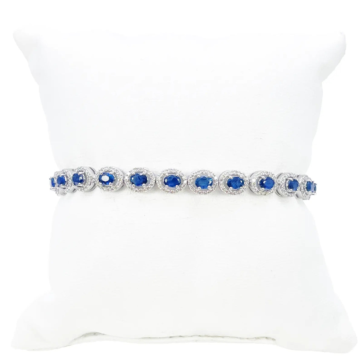 14ct White Gold Diamond & Blue Sapphire Cluster Tennis Bracelet 6.40ct 7 Inches  Diamond Bracelets