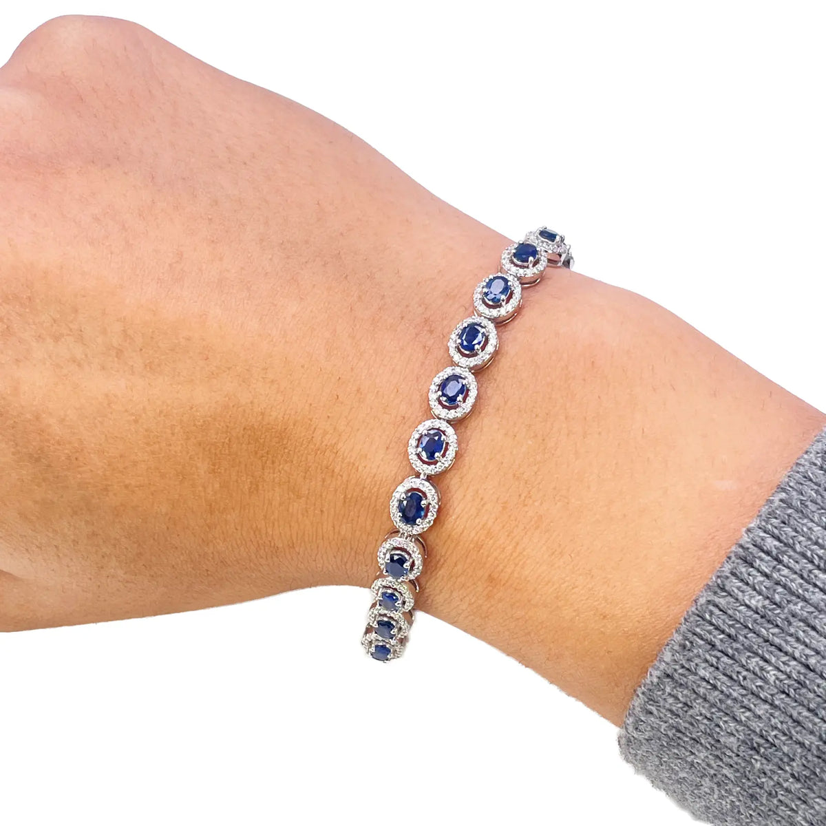 14ct White Gold Diamond & Blue Sapphire Cluster Tennis Bracelet 6.40ct 7 Inches  Diamond Bracelets