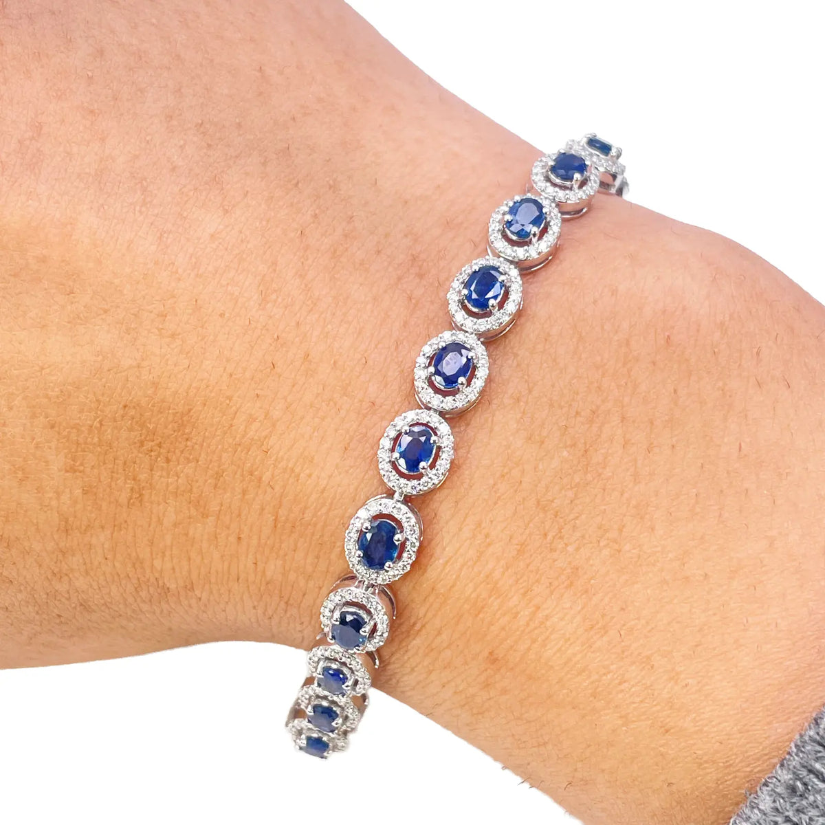 14ct White Gold Diamond & Blue Sapphire Cluster Tennis Bracelet 6.40ct 7 Inches  Diamond Bracelets