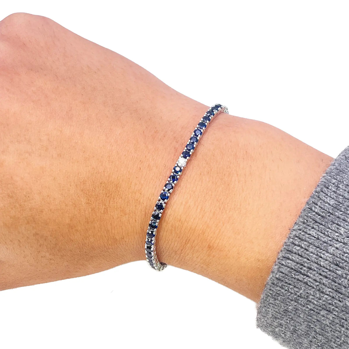 14ct White Gold Diamond & Blue Sapphire Ladies Tennis Bracelet 5.24ct 7 Inches  Diamond Bracelets
