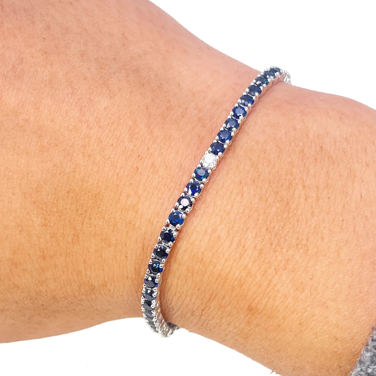 14ct White Gold Diamond & Blue Sapphire Ladies Tennis Bracelet 5.24ct 7 Inches  Diamond Bracelets