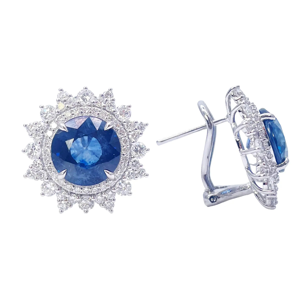14ct White Gold Floral Natural Sapphire & Diamond Cluster Halo Earrings 10.45ct 