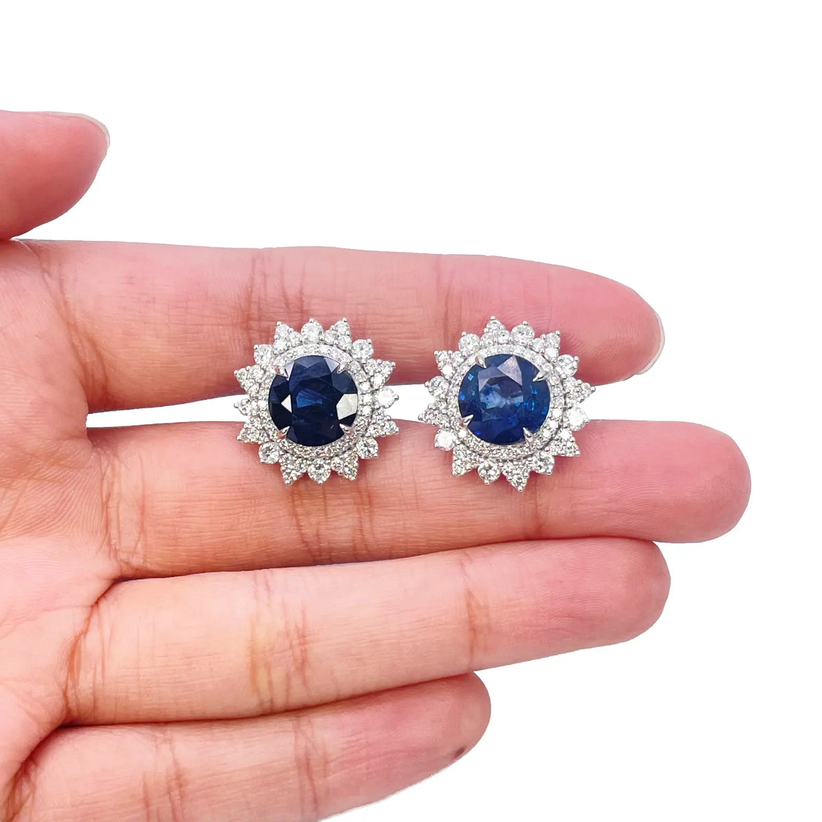 14ct White Gold Floral Natural Sapphire & Diamond Cluster Halo Earrings 10.45ct 