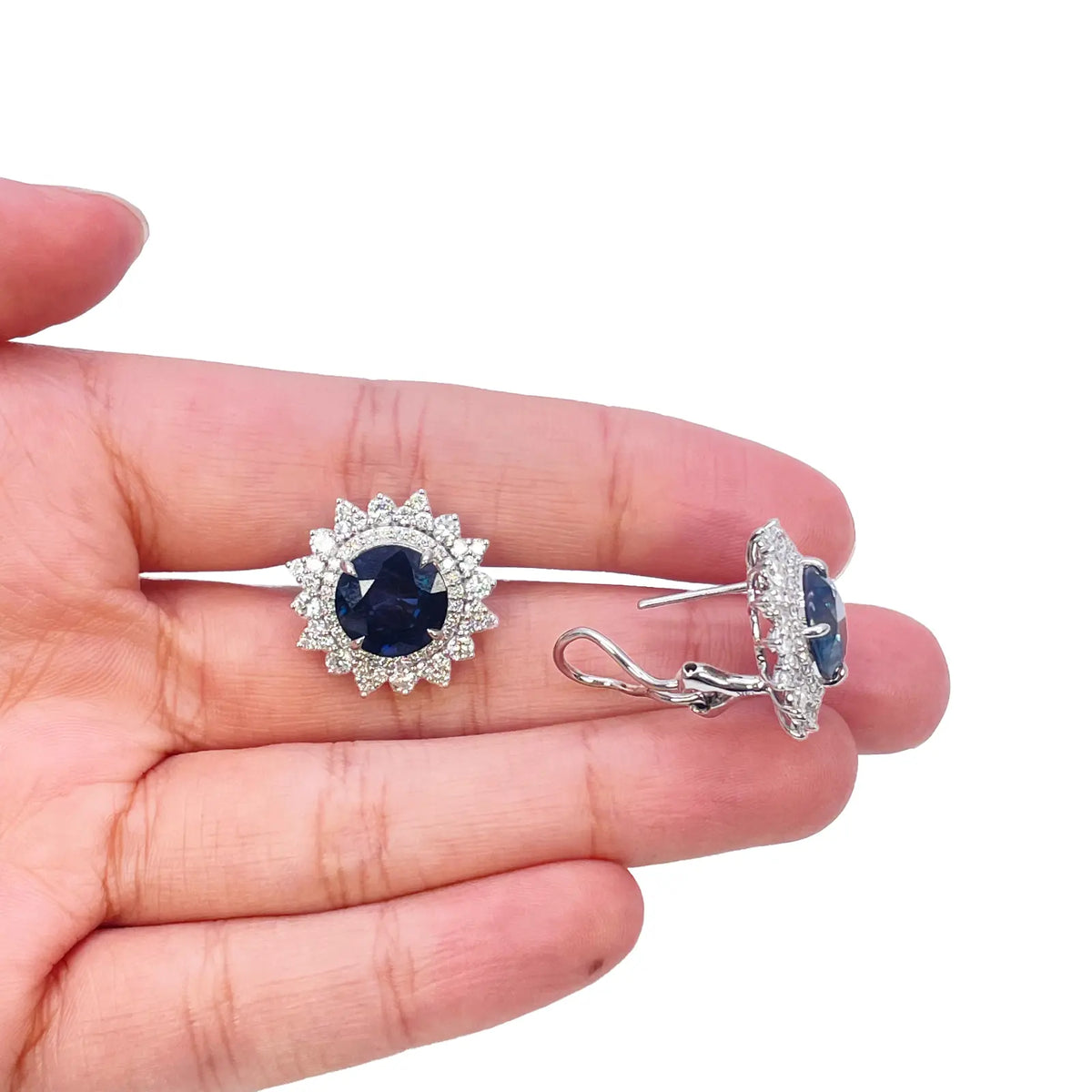 14ct White Gold Floral Natural Sapphire & Diamond Cluster Halo Earrings 10.45ct 