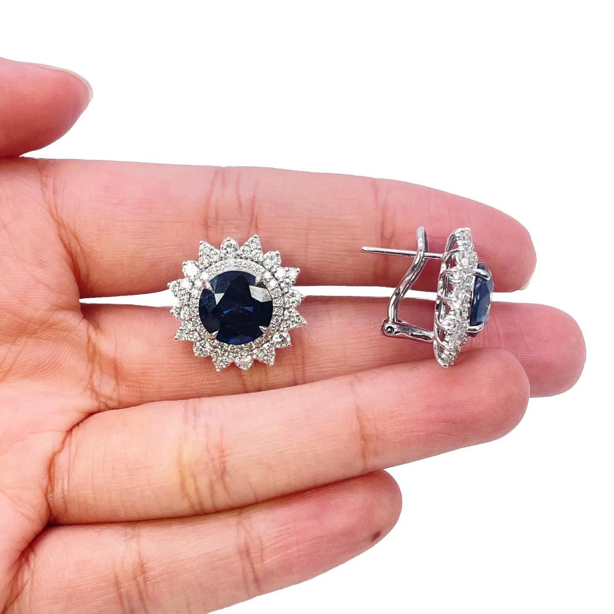14ct White Gold Floral Natural Sapphire & Diamond Cluster Halo Earrings 10.45ct 