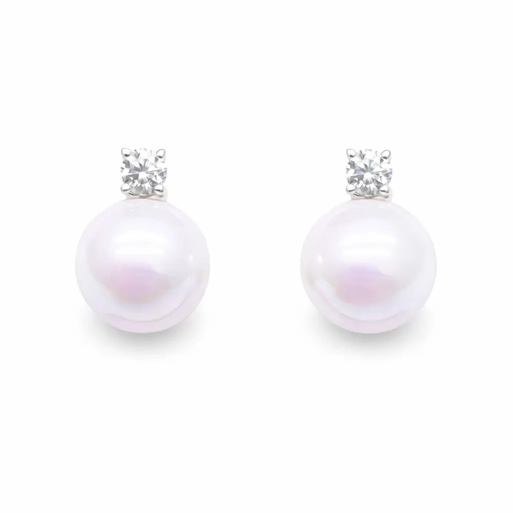14ct White Gold Freshwater Pearl & Diamond Drop Pair Earrings 0.22ct  Diamond earring