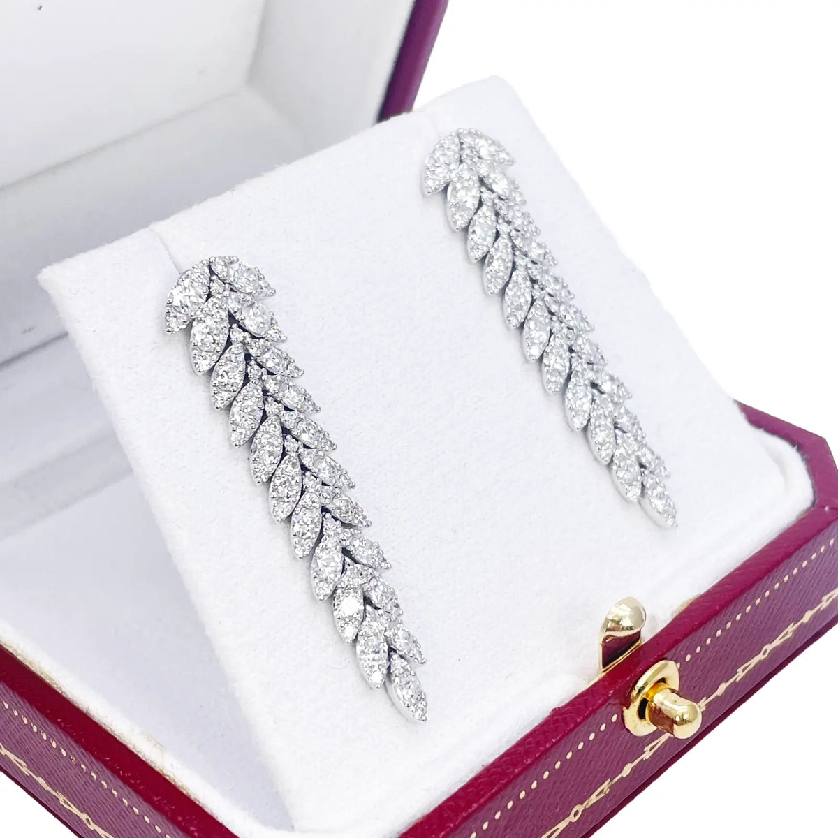14ct White Gold Natural Diamond Leaf Feather Long Drop Earrings 3.04ct  Diamond earring