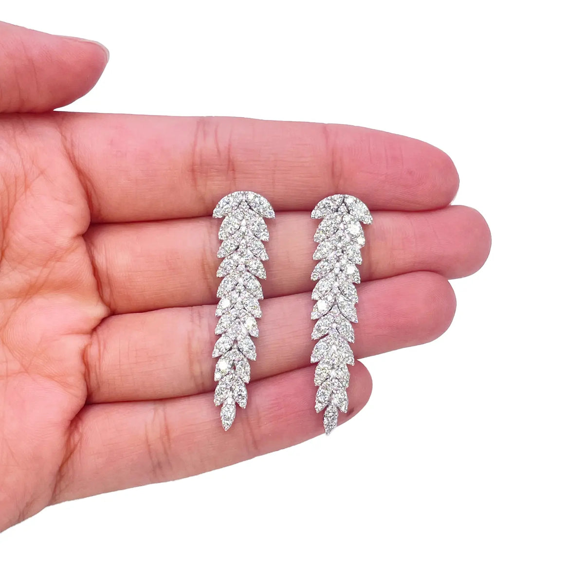 14ct White Gold Natural Diamond Leaf Feather Long Drop Earrings 3.04ct  Diamond earring