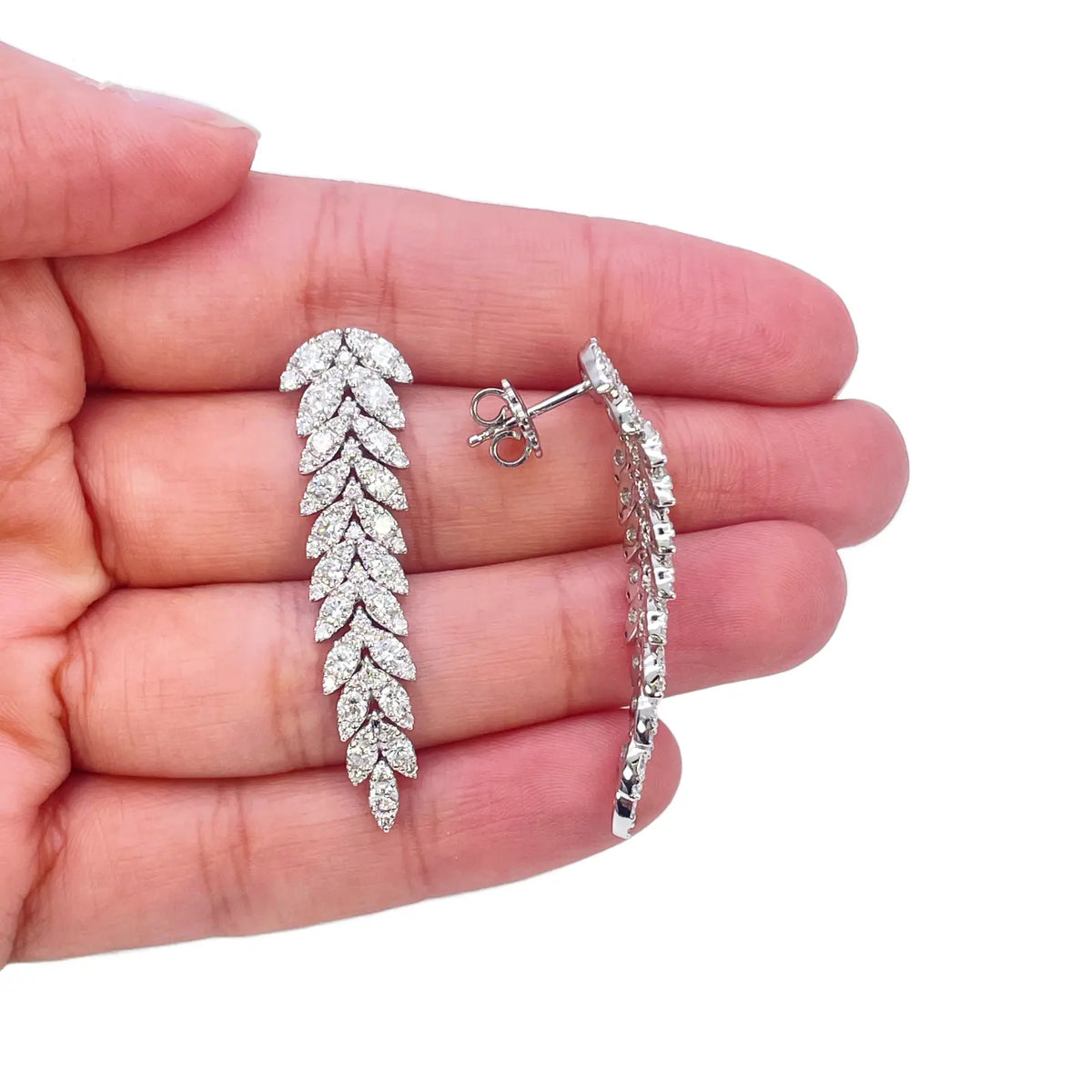 14ct White Gold Natural Diamond Leaf Feather Long Drop Earrings 3.04ct  Diamond earring