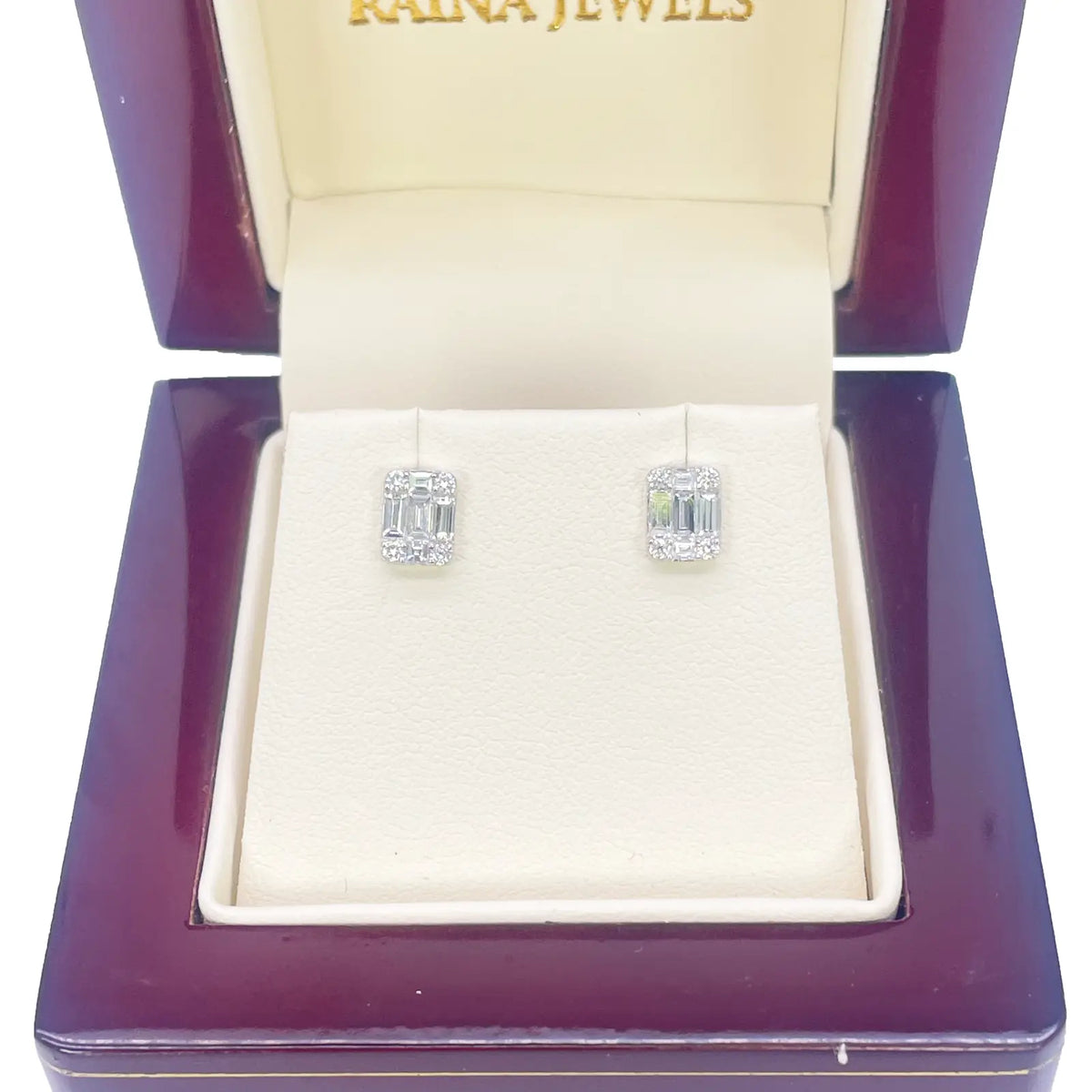 14ct White Gold Natural Diamond Round & Baguette Square Stud Earrings 0.46ct  Diamond earring